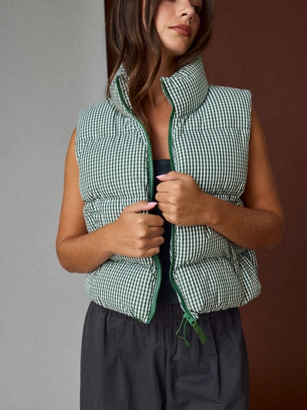 green gingham puffer vest