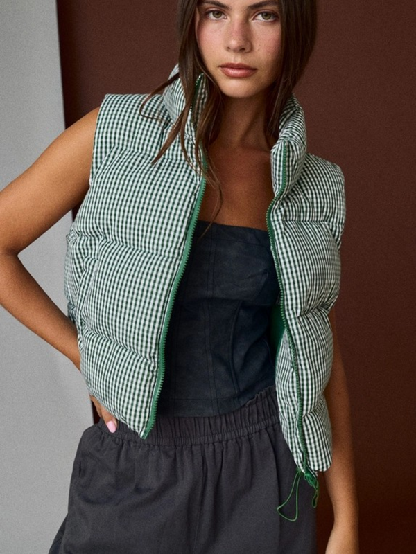 green gingham puffer vest