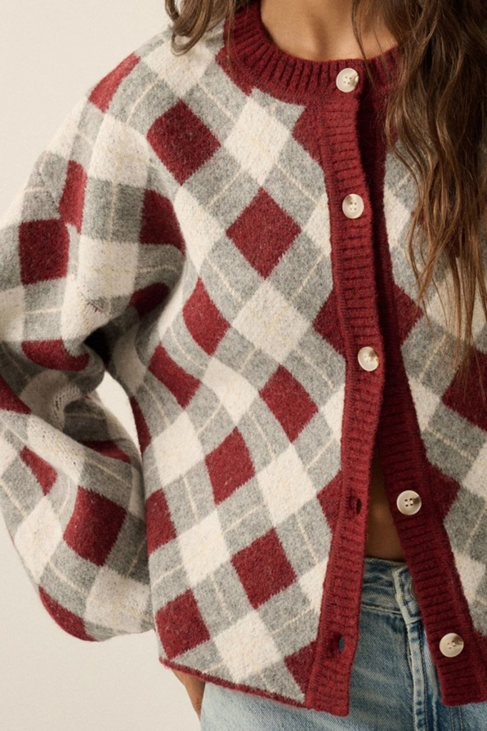 Plum Plaid Cardigan Sweater