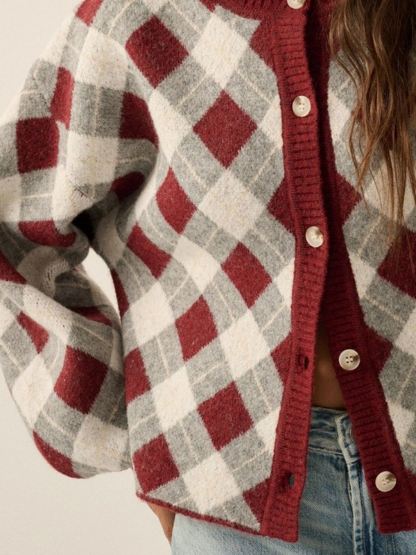 Plum Plaid Cardigan Sweater