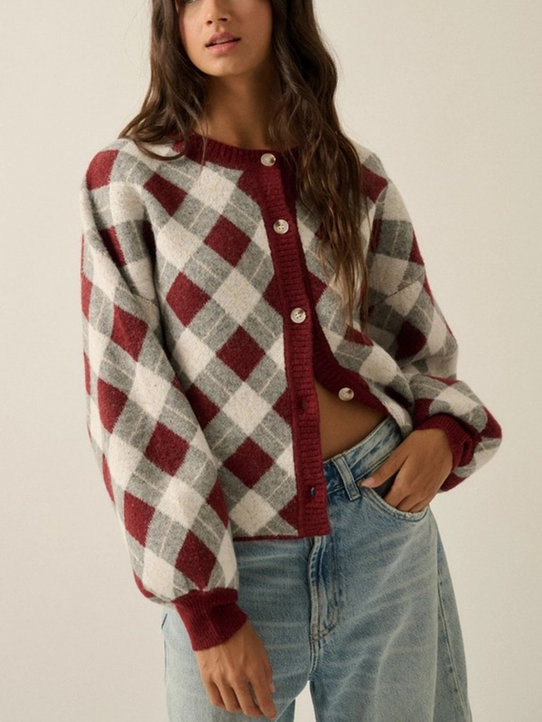 Plum Plaid Cardigan Sweater