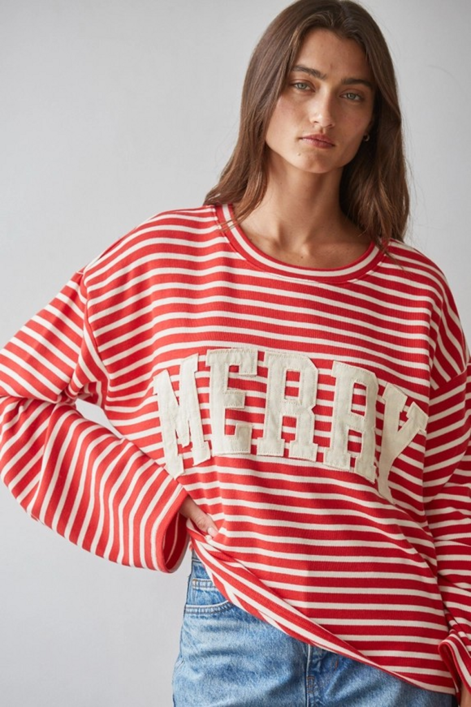 red cream knit cotton spandex striped wide long sleeve merry top