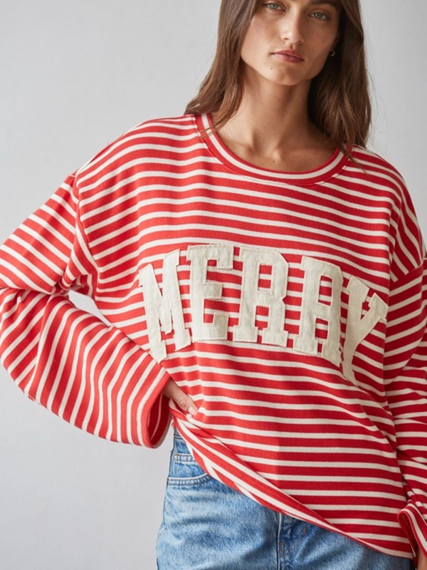 red cream knit cotton spandex striped wide long sleeve merry top