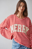 red cream knit cotton spandex striped wide long sleeve merry top