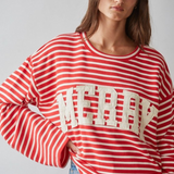 red cream knit cotton spandex striped wide long sleeve merry top