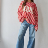 red cream knit cotton spandex striped wide long sleeve merry top