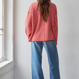 red cream knit cotton spandex striped wide long sleeve merry top