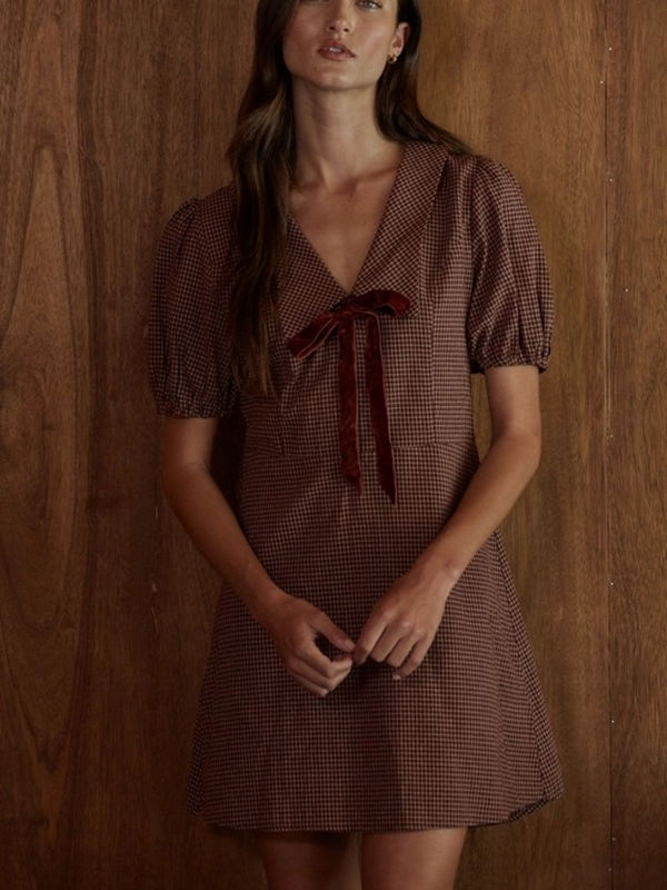 brick red woven cotton V neck mini dress