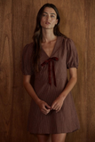brick red woven cotton V neck mini dress