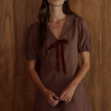 brick red woven cotton V neck mini dress