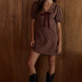 brick red woven cotton V neck mini dress