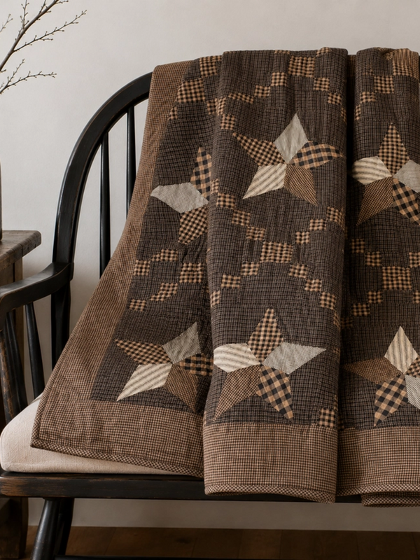 Black Tan Star Quilted Throw 50x60 Farmhouse Star
