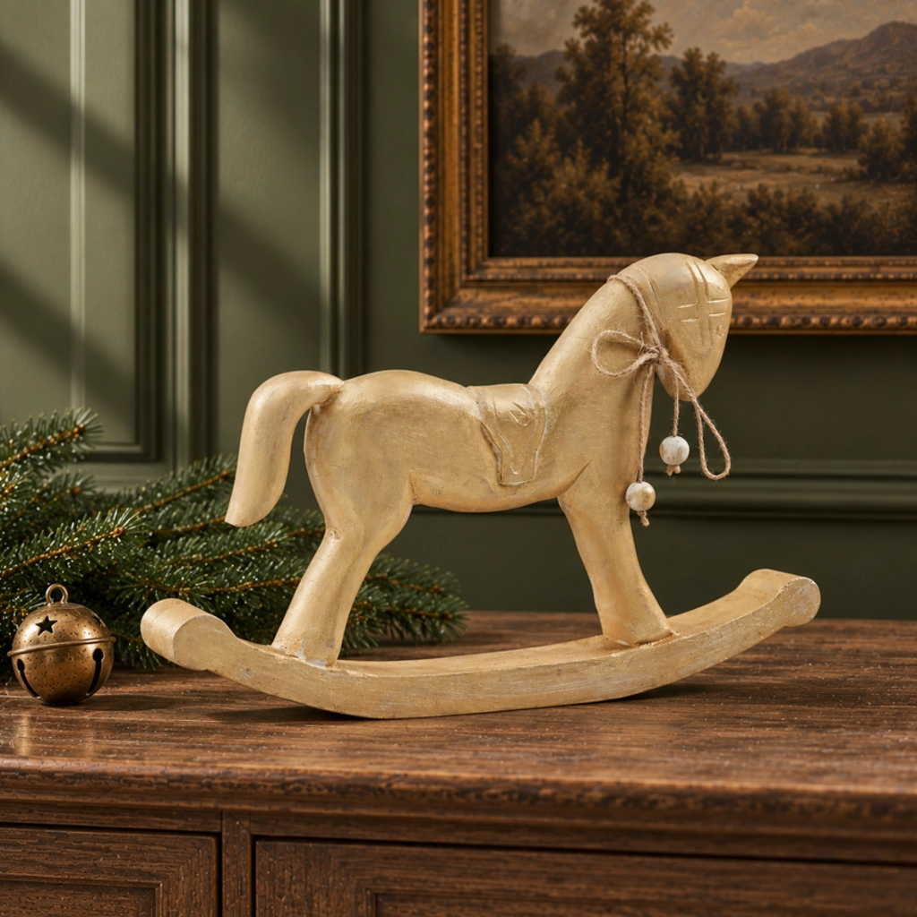 Brushed Gold Wooden Rocking Horse 9.5x15x1.5