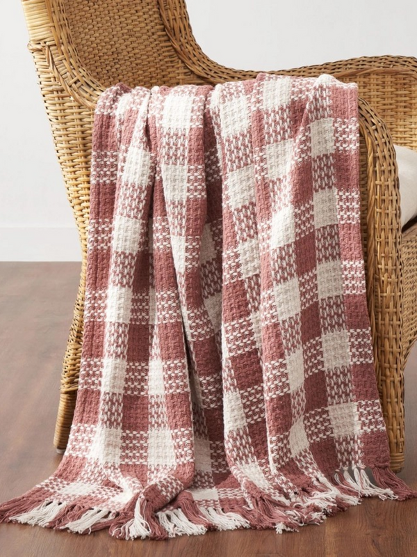 Dusty Rose Heritage Check Throw Blanket with Fringe 50x60