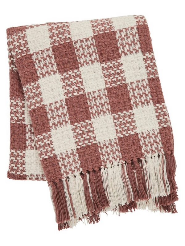 Dusty Rose Heritage Check Throw Blanket with Fringe 50x60