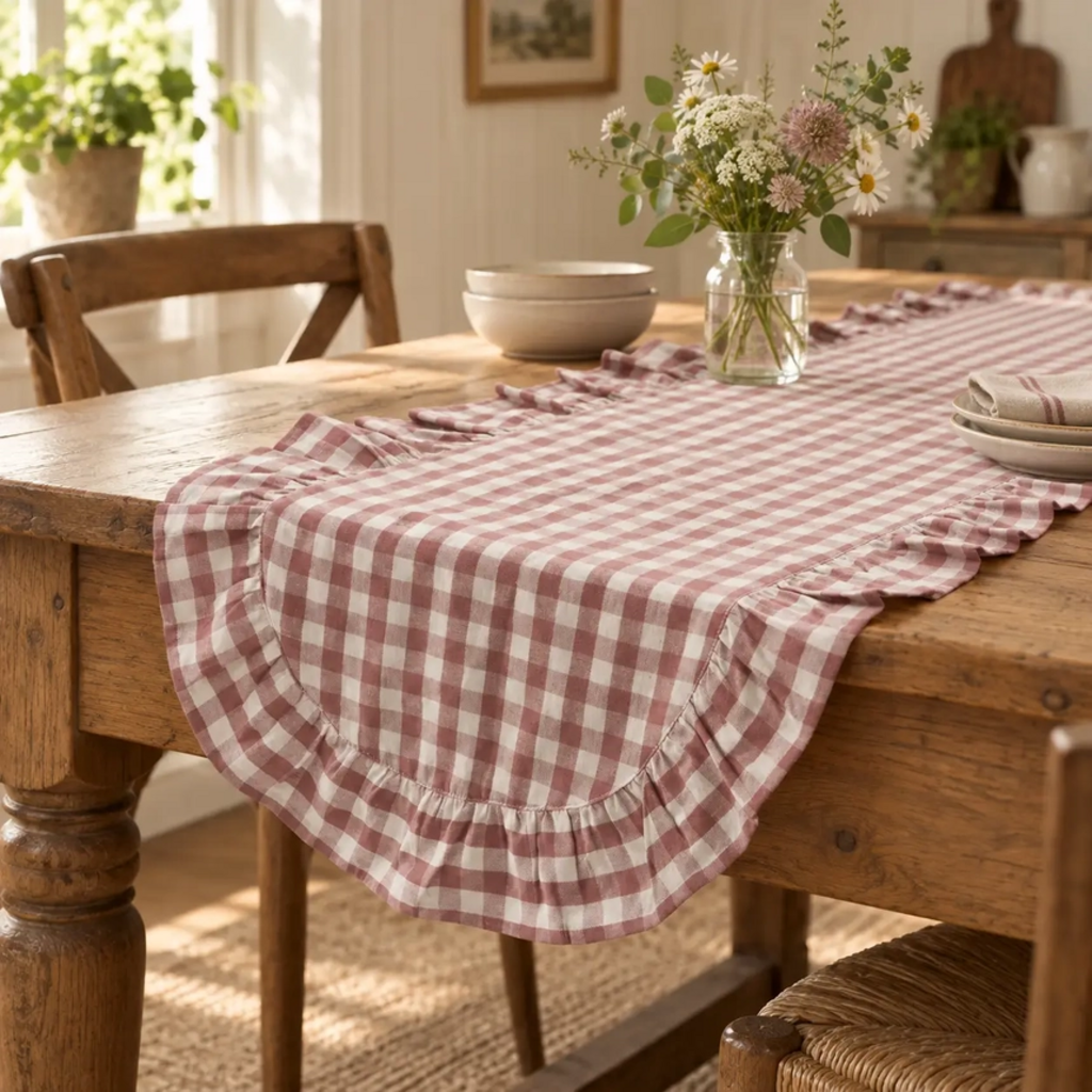 Dusty Rose Gingham Table Runner 12x72