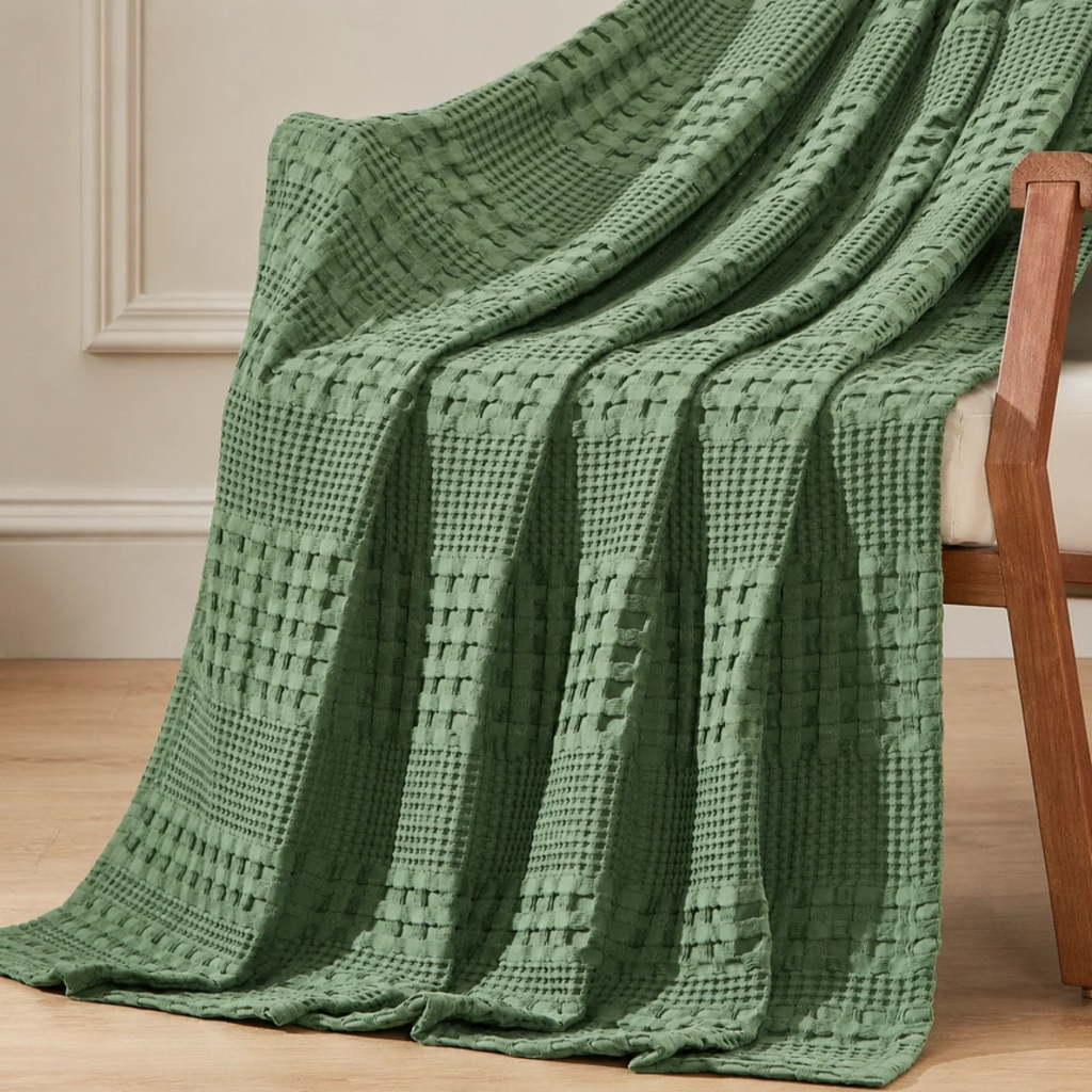 Waffle Weave Moss Green Cotton Throw Blanket 50x60