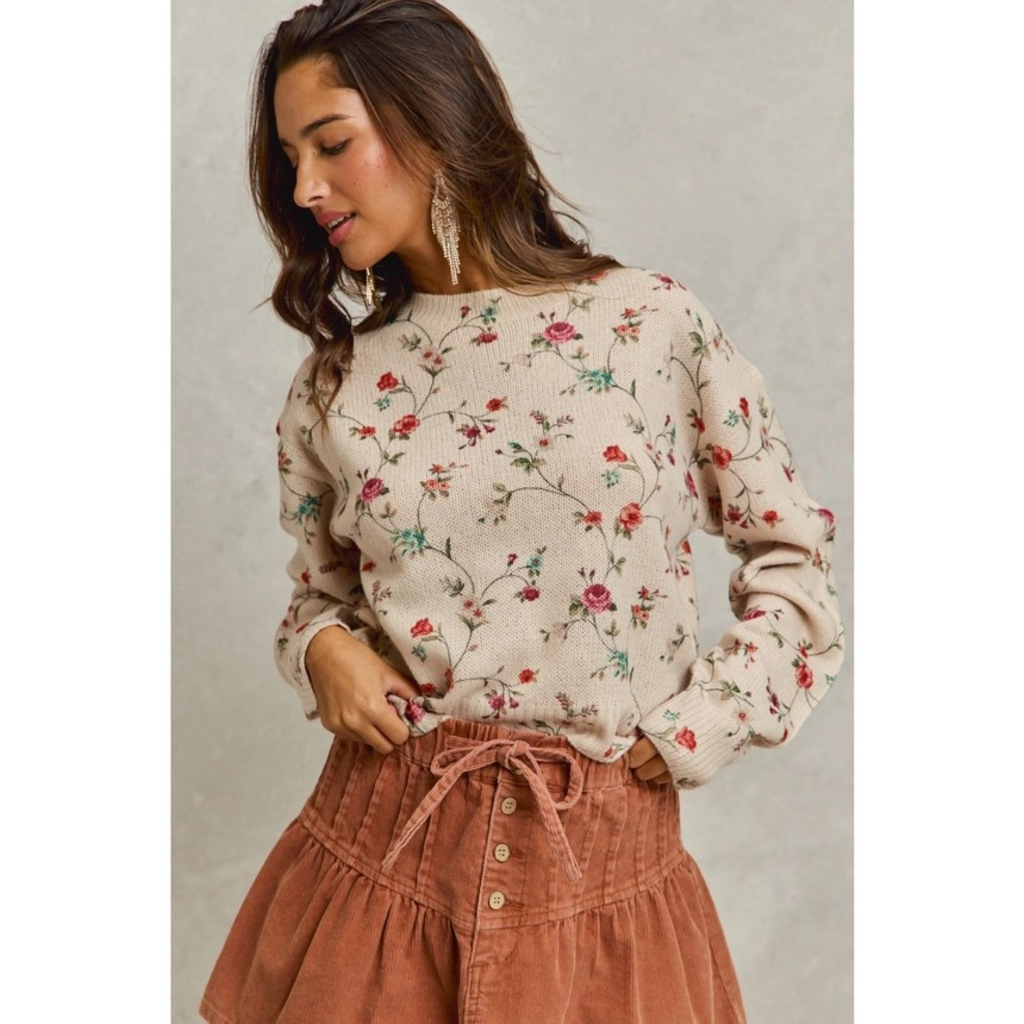 ivory floral print crewneck sweater