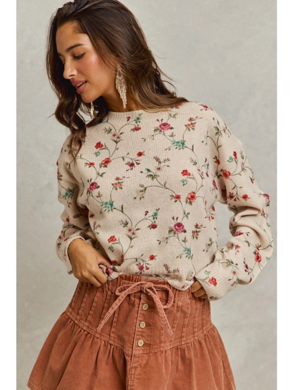 ivory floral print crewneck sweater
