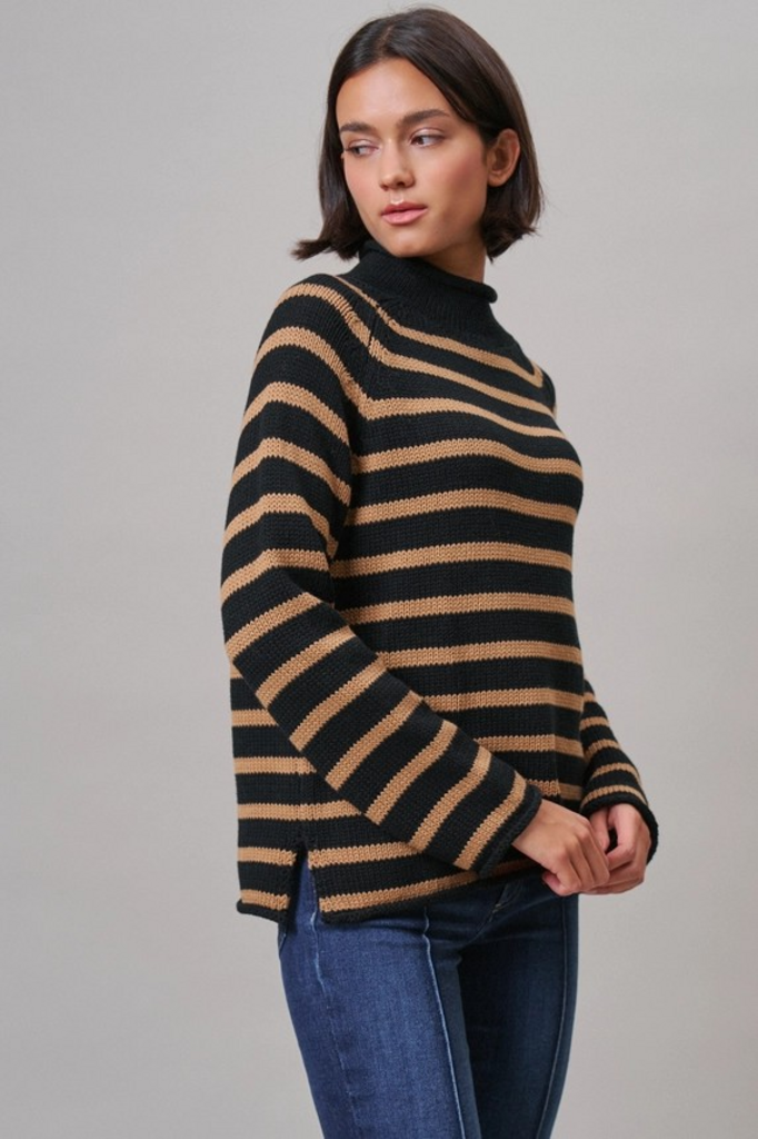 black & camel striped mock neck cotton knit sweater