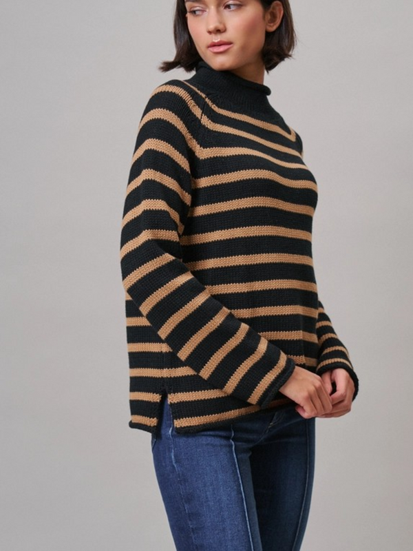 black & camel striped mock neck cotton knit sweater