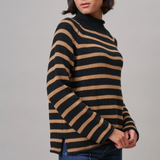 black & camel striped mock neck cotton knit sweater