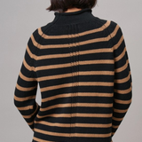 black & camel striped mock neck cotton knit sweater