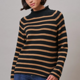 black & camel striped mock neck cotton knit sweater