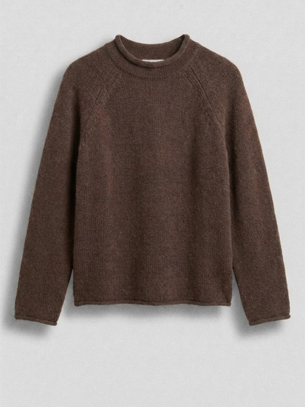 brown mock neck cotton knit sweater