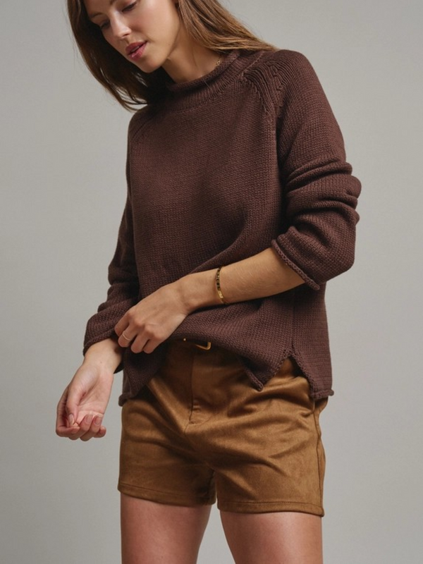 brown mock neck cotton knit sweater