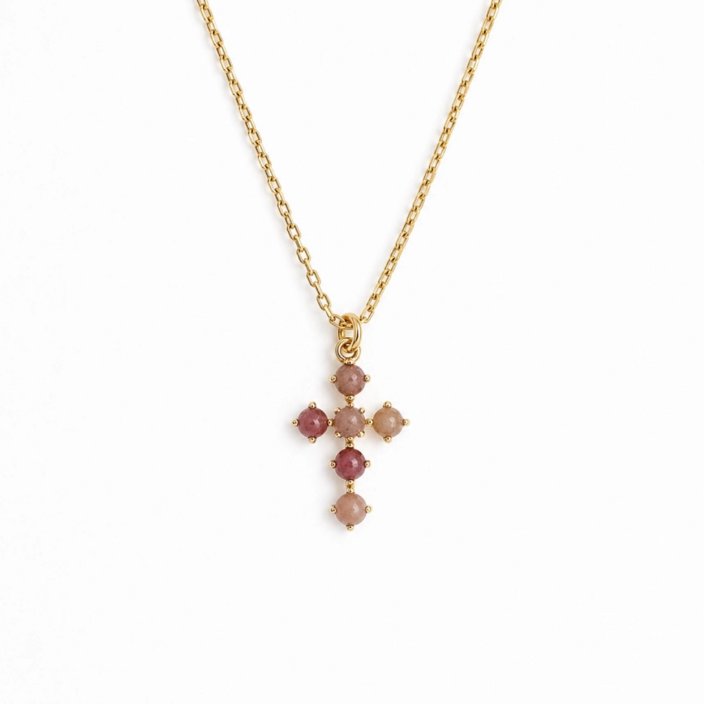 blush quartz natural stone cross pendant necklace