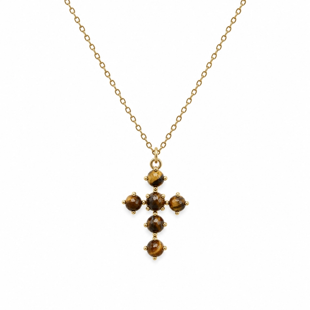 tiger's eye brown natural stone cross pendant necklace