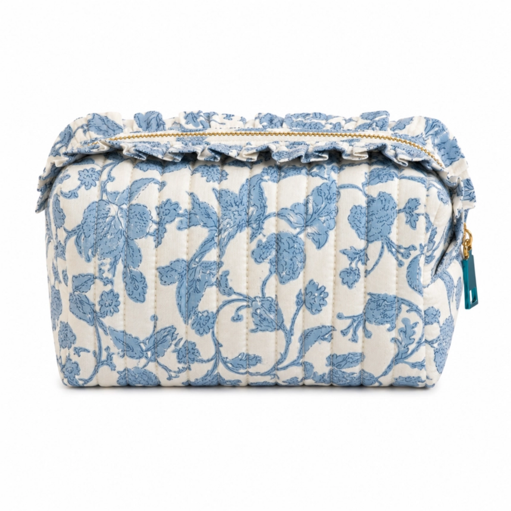 blue toile ruffle quilted cotton cosmetic bag