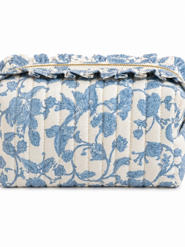 blue toile ruffle quilted cotton cosmetic bag