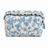 blue toile ruffle quilted cotton cosmetic bag