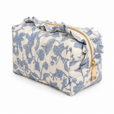 blue toile ruffle quilted cotton cosmetic bag