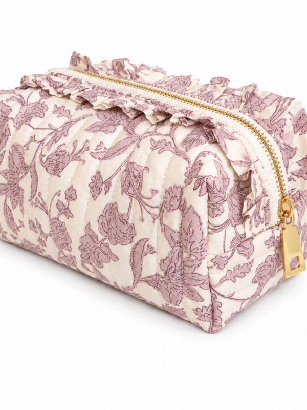 pink toile ruffle quilted cotton cosmetic bag