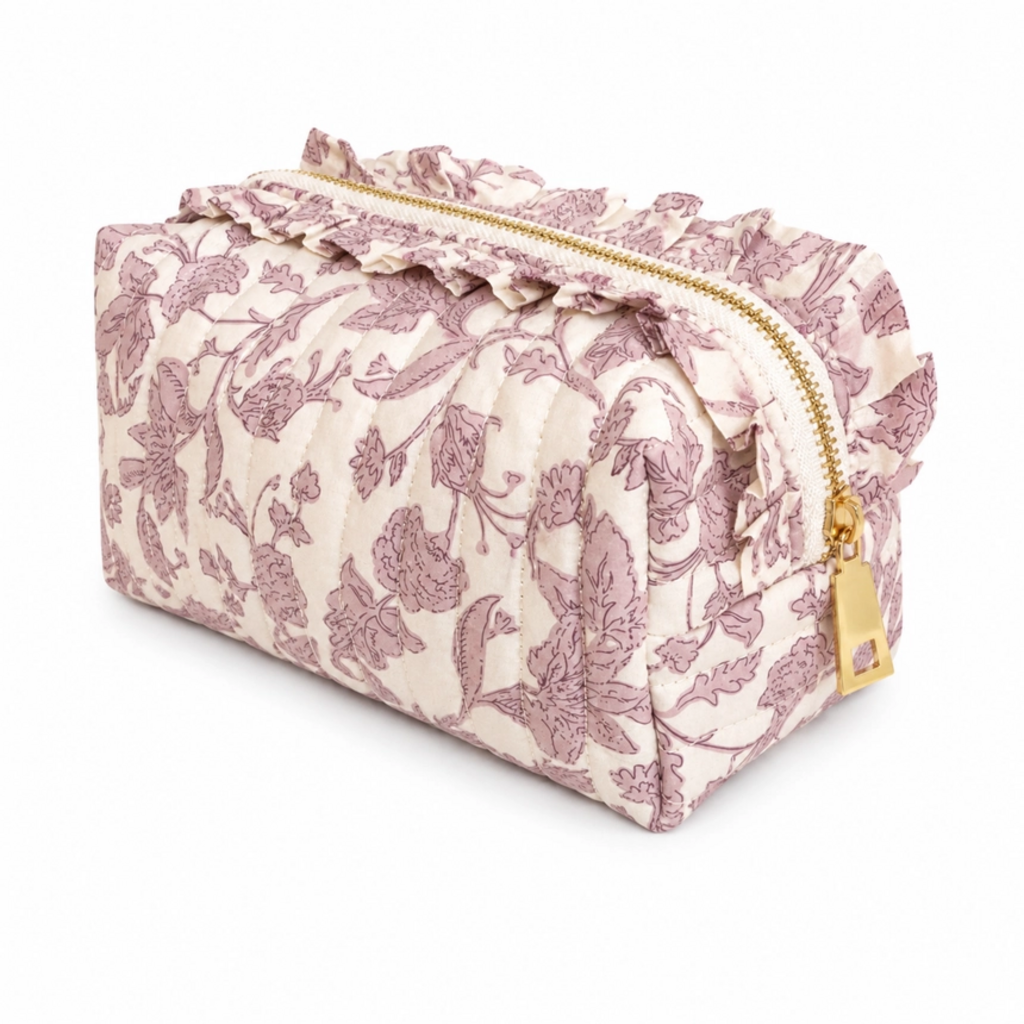 pink toile ruffle quilted cotton cosmetic bag