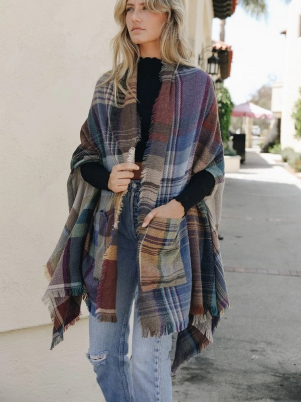 multi camel plaid pocket shawl