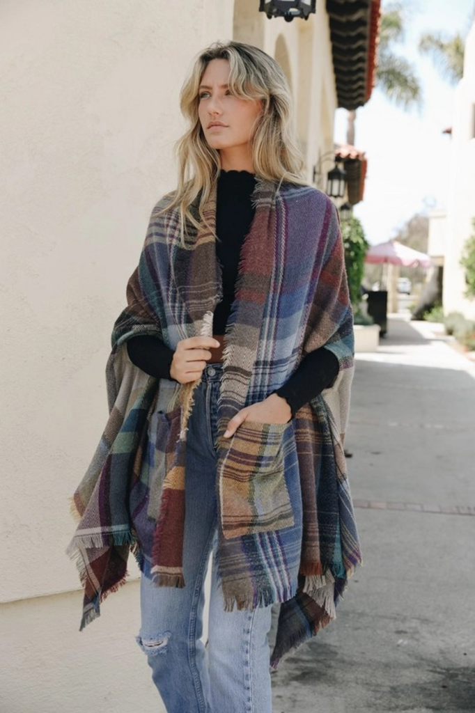 multi camel plaid pocket shawl