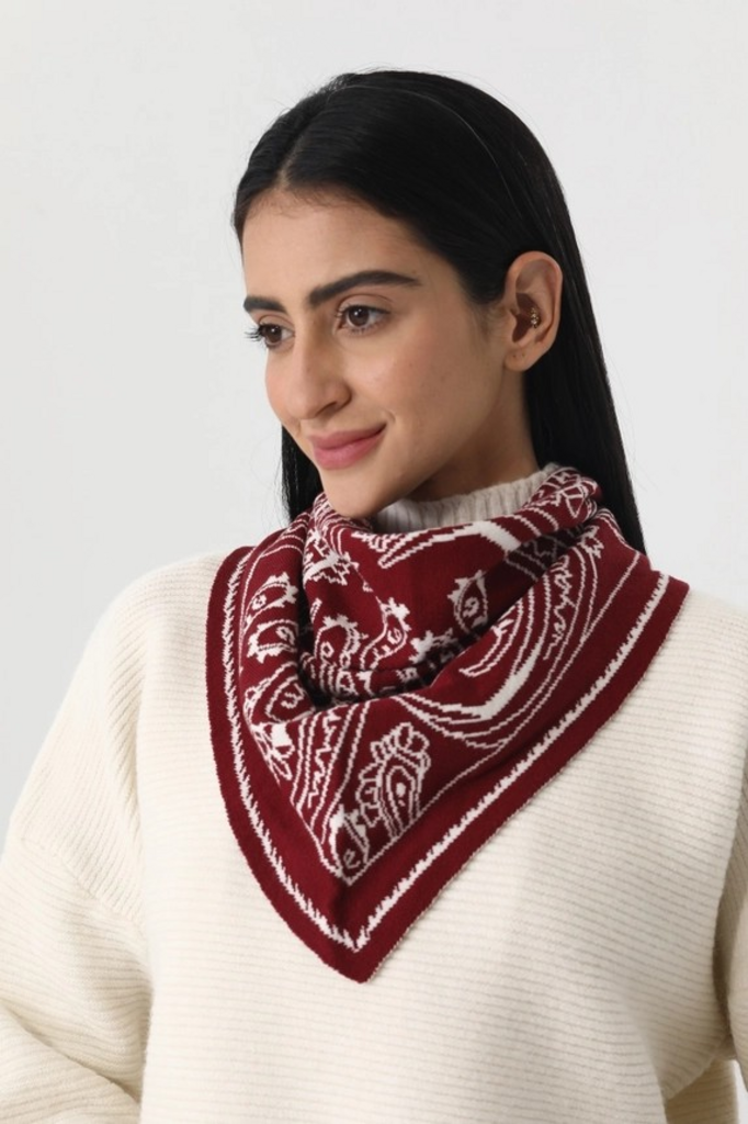 burgundy paisley knit triangle scarf multi wear head wrap