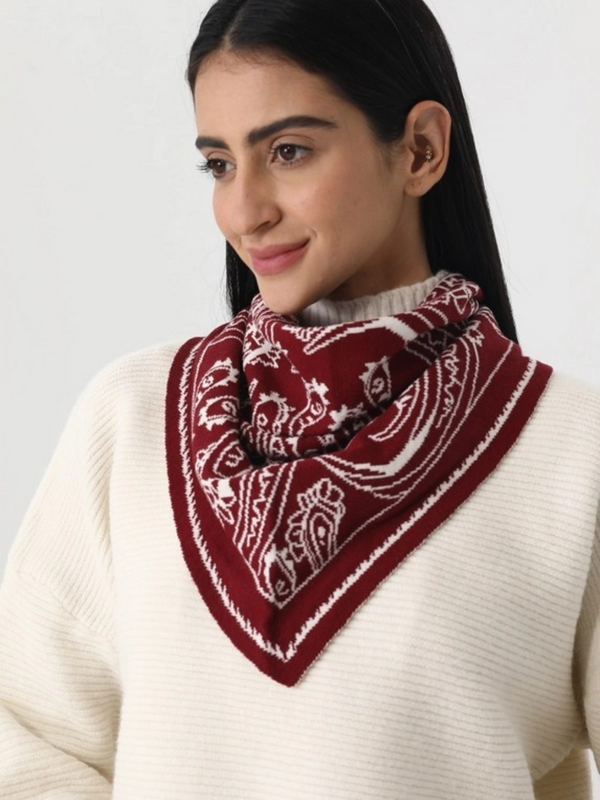 burgundy paisley knit triangle scarf multi wear head wrap