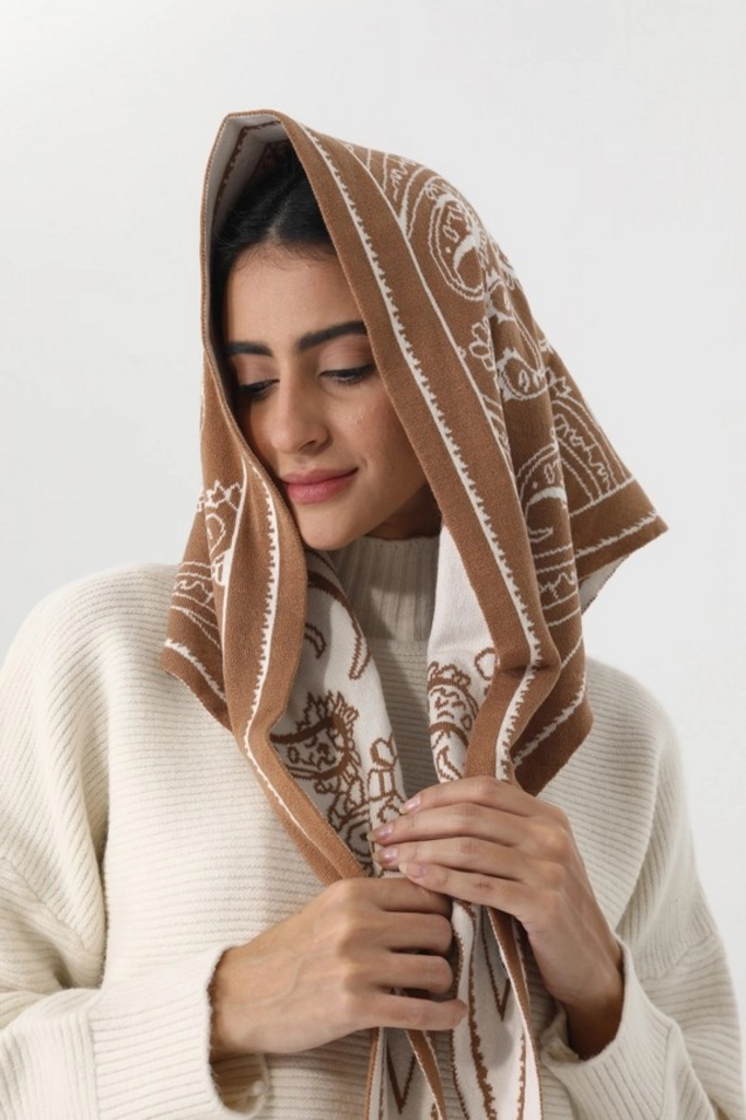 mocha paisley knit triangle scarf multi wear head wrap