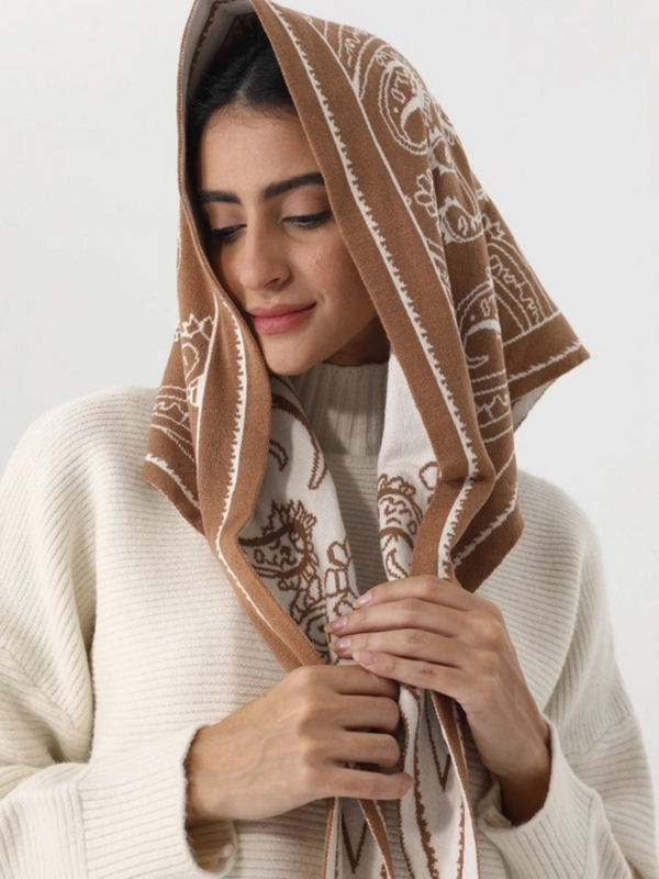 mocha paisley knit triangle scarf multi wear head wrap