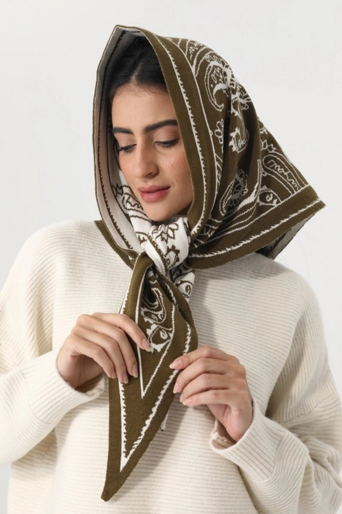 olive paisley knit triangle scarf multi wear head wrap
