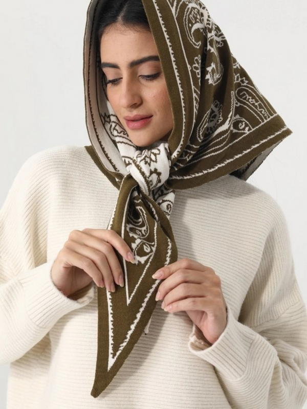 olive paisley knit triangle scarf multi wear head wrap