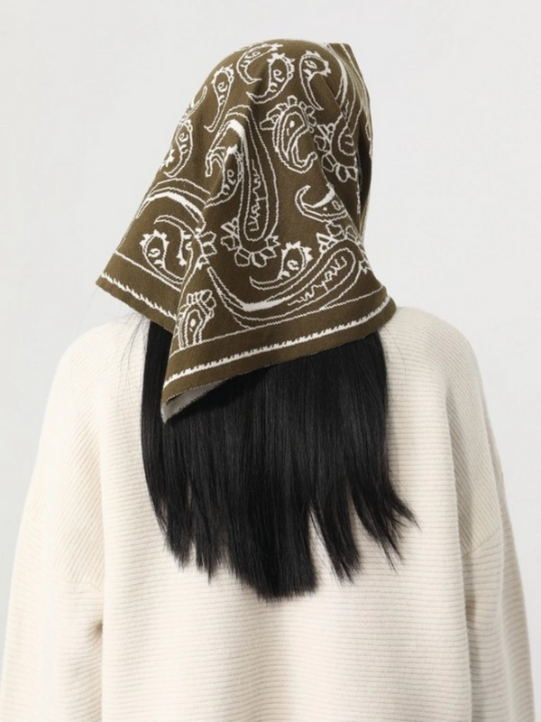 olive paisley knit triangle scarf multi wear head wrap