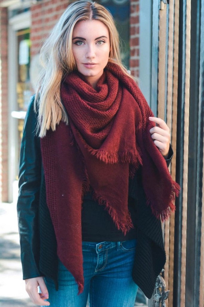 burgundy open weave square scarf