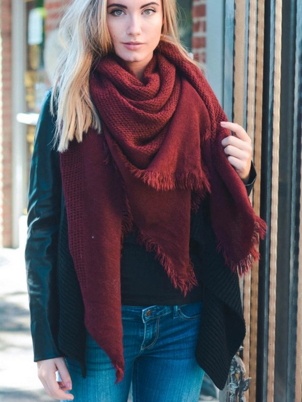 burgundy open weave square scarf
