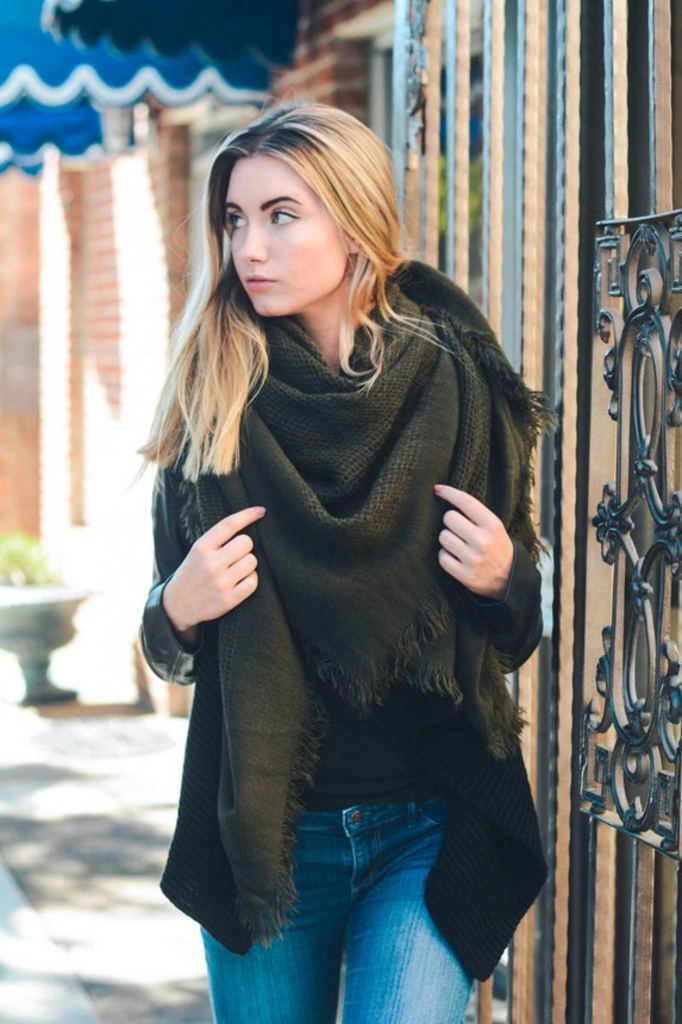 olive open weave square scarf